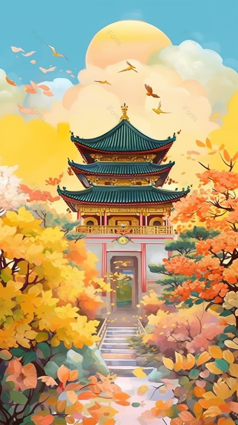 盛开鲜花国风建筑手绘插画,插画/手绘图,插画/手绘图库,插画/手绘图下载,插画/手绘